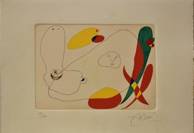 Joan Miro ( Spanish, B. 1893 ) Surrealism Etching: Medium: Etching Style: Surrealism Painting Size: 8 x 12 inches Frame Size: x inches Condition: This artwork is in great condition for its age. Signature: Signed Artist: Joan Mir ( Spanish, B. 1893 ) C