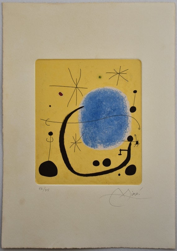 Joan Miro ( Spanish, B. 1893 ) Surrealism Etching: Medium: Etching Style: Surrealism Painting Size: 12 x 8 inches Frame Size: x inches Condition: This artwork is in great condition for its age. Signature: Signed Artist: Joan Mir ( Spanish, B. 1893 ) C