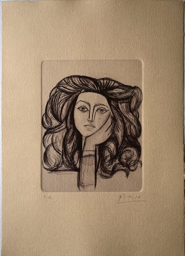 Pablo Picasso ( Spanish, 1881 -1973 ) Portrait Etching: Medium: Etching Style: Portrait Painting Size: 12 x 8 inches Frame Size: x inches Condition: This artwork is in great condition for its age. Signature: Signed Artist: Pablo Picasso ( Spanish, 1881 -19