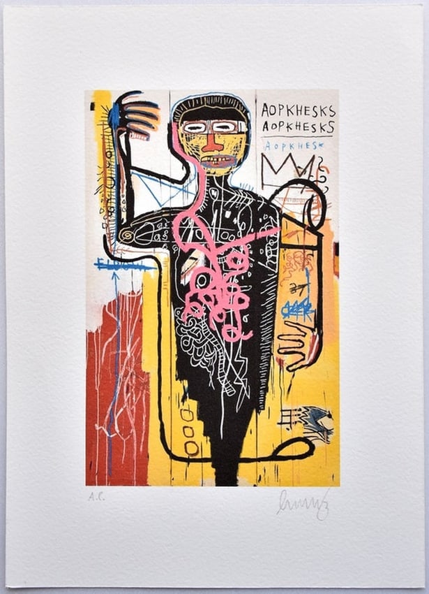 Jean-Michel Basquiat ( American, 1960 - 1988 ) Neo-Expressionism Lithograph: Medium: Lithograph Style: Neo-Expressionism Painting Size: 12 x 8 inches Frame Size: x inches Condition: This artwork is in great condition for its age. Signature: Signed Artist: Jean-Michel Basquiat 