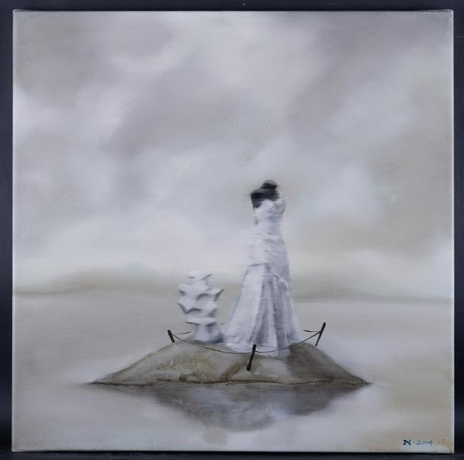 Fine Art Surrealist Original Oil Painting By Artist: Medium: Oil on canvas Size: 23.5" x 23.5" Frame Size: None Age: 2000s Condition: Good, no damage seen Artist: Xiang Niu Great for collection or home decoration. Provenance: Direct from the artist. Gua