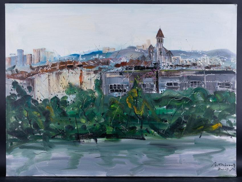 Fine Art Post Impressionist Landscape Oil By Artist: Medium: Oil on canvas Size: 31" x 23.5" Frame Size: None Age: 2000s Condition: Good, no damage seen Artist: Muzhou Yu Great for collection or home decoration. Provenance: Direct from the artist. Guara