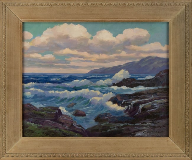Jack Wilkinson Smith ( American, 1873 - 1947 ) Waterscape Oil On Canvas: Medium: Oil On Canvas Style: Waterscape Painting Size: 16 x 26 inches Frame Size: 21 x 25 inches Condition: This artwork is in great condition for its age. Signature: Hand-signed Artist: Jack Wilkinso