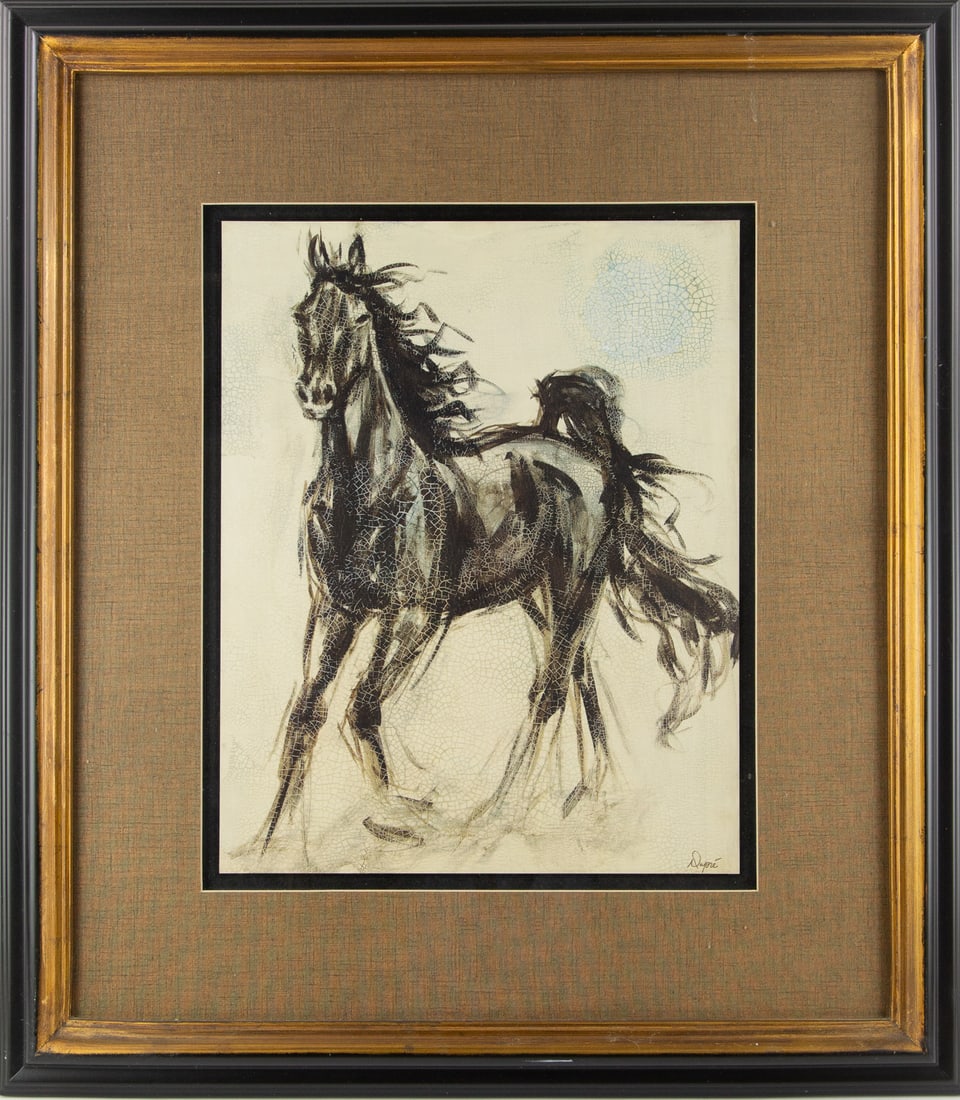 Dupre Animal Acrylic On Canvas "Horse": Title: Horse-Themed Decorative Wall Art Medium: Acrylic On Canvas Fram Size: 33 x 29 inches Art Size: 20 x 16 inches Condition: The painting appears to be in good condition. Note: This painting is uns
