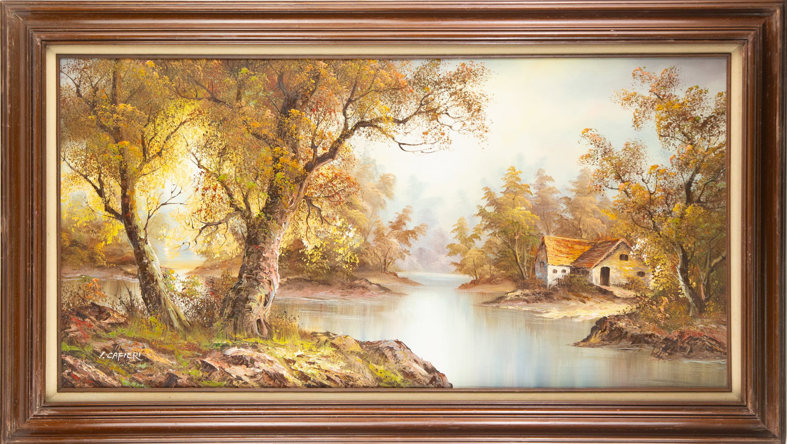 I.CAFIERI Landscape Oil On Canvas "Autumn Riverside Cottage": Title: Autumn Riverside Cottage Medium: Oil On Canvas Size: 43 x 43 inches Frame: Framing options available! Condition: Note: This painting is unstretched, shipped rolled unless stretching/framing is 