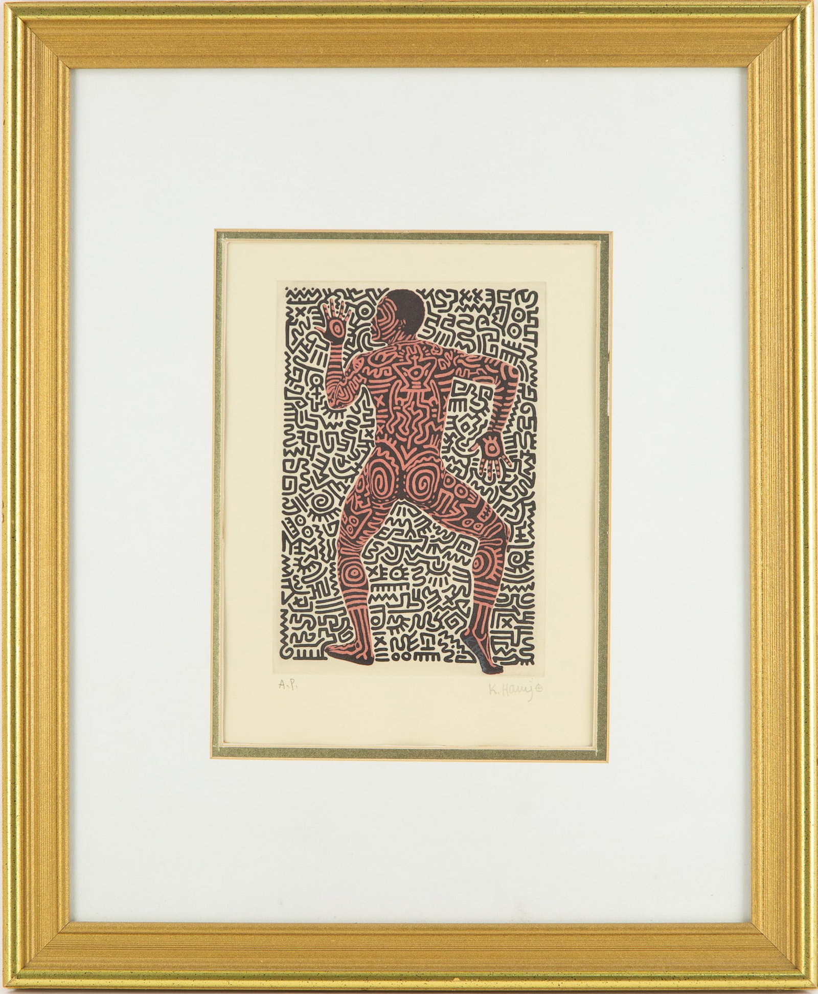 This artwork is a print in the distinctive style of Keith Haring (1958-1990) ,the reowned American: Title: Keigh Haring Medium: Mixed Media Fram Size: 33 x 29 inches Art Size: 9 x 6 inches Condition: Note: This painting is unstretched, shipped rolled unless stretching/framing is ordered. Year: 2015 