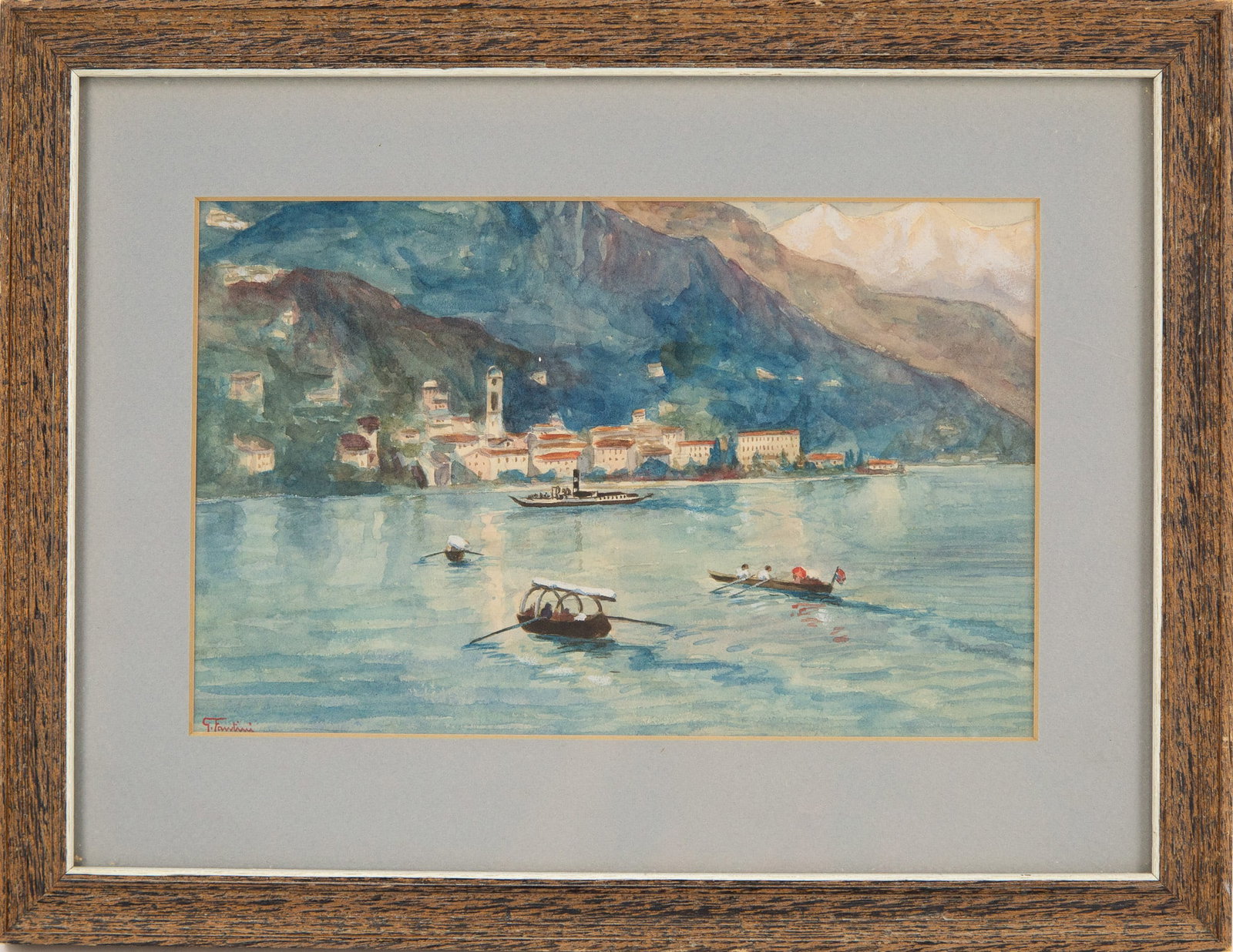 This is a watercolor painting depicting a tranquil lakeside town.: Painting Size: 11 x 7 Frame Size: 16 x 12 Framing Options: We offer in house framing if you would like your artwork to be framed. Please contact us after the sale for a quote. We have experienced fram