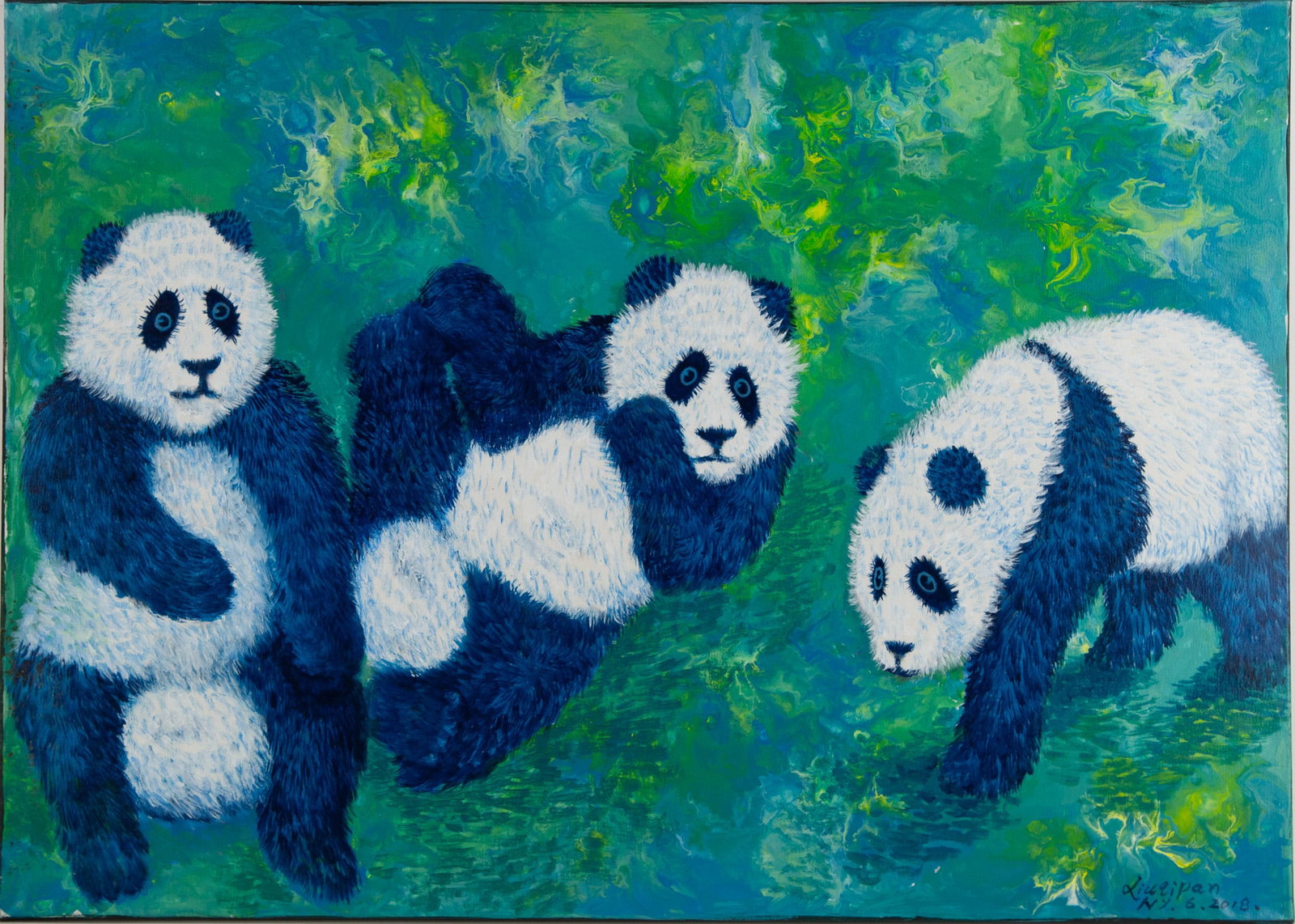 Arcylic Painting by Artist Pan Xiuqi:National Treasure The Giant Panda.: Title: National Treasure The Giant Panda. ( ????? ) Medium: Acrylic On Canvas Size: 25 x 35 inches Frame: Framing options available! Condition: Year: 2018 Artist: Xiuqi Pan Signature: Signed Signature