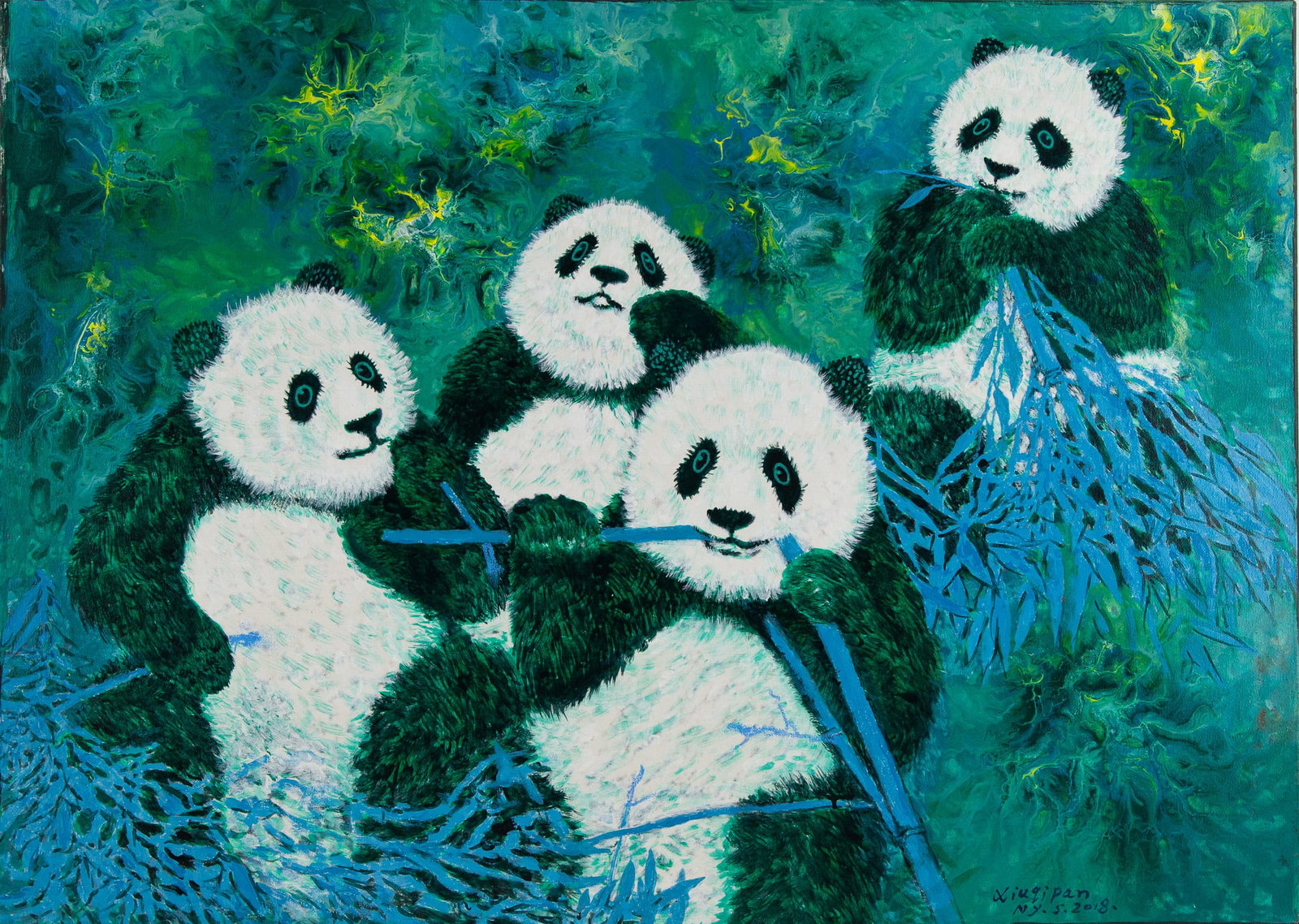 Arcylic Painting by Artist Pan Xiuqi:National Treasure The Giant Panda.: Title: National Treasure The Giant Panda. ( ????? ) Medium: Acrylic On Canvas Size: 25 x 35 inches Frame: Framing options available! Condition: Year: 2018 Artist: Xiuqi Pan Signature: Signed Signature