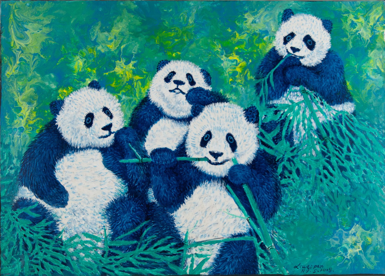 Arcylic Painting by Artist Pan Xiuqi:National Treasure The Giant Panda.: Title: National Treasure The Giant Panda. ( ????? ) Medium: Acrylic On Canvas Size: 25 x 35 inches Frame: Framing options available! Condition: Year: 2018 Artist: Xiuqi Pan Signature: Signed Signature