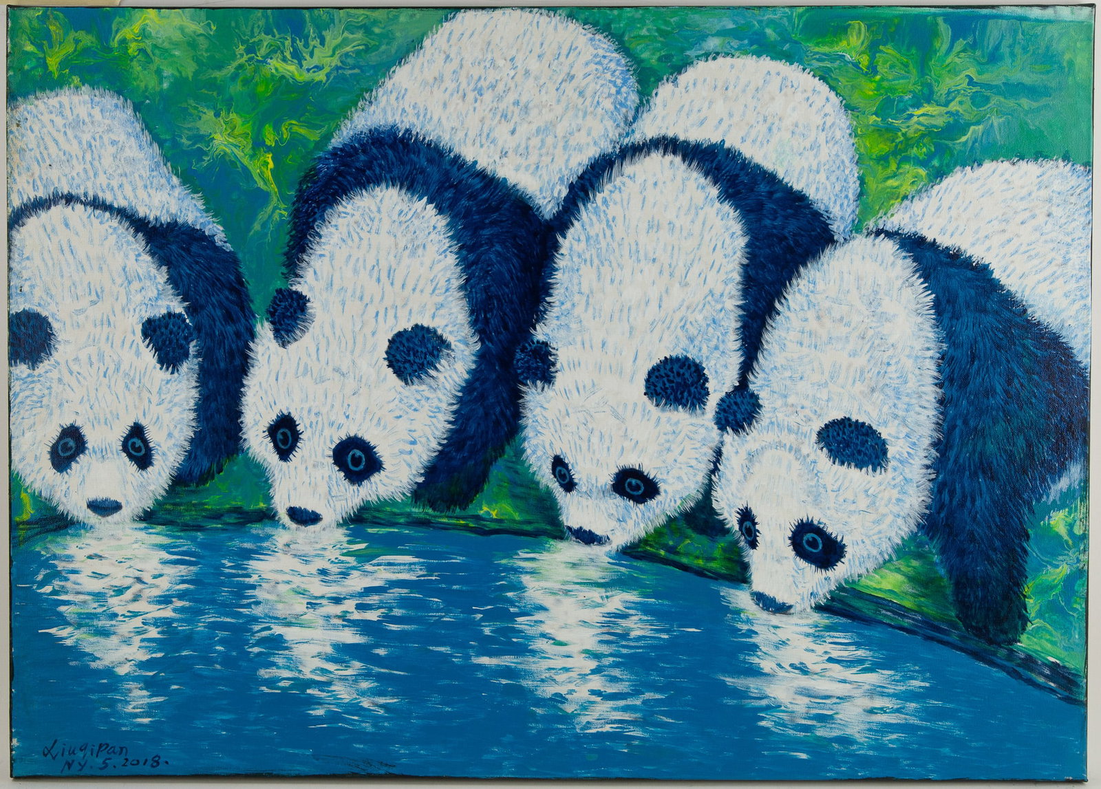 Arcylic Painting by Artist Pan Xiuqi:National Treasure The Giant Panda.: Title: National Treasure The Giant Panda. ( ????? ) Medium: Acrylic On Canvas Size: 27.5 x 23 inches Frame: Framing options available! Condition: Year: 2018 Artist: Xiuqi Pan Signature: Signed Signatu