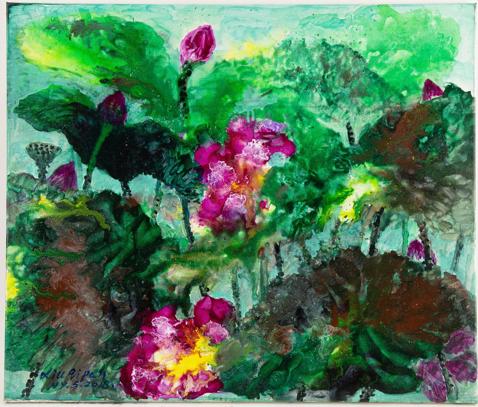 Oil Painting by Artist Pan Xiuqi: Lotus Flowers: Title: Lotus Flowers ( ????? ) Medium: Oil Painting Size: 28 x 24 inches Frame: Framing options available! Condition: Year: 2018 Artist: Xiuqi Pan Signature: Signed Signature Location: Lower left Prov