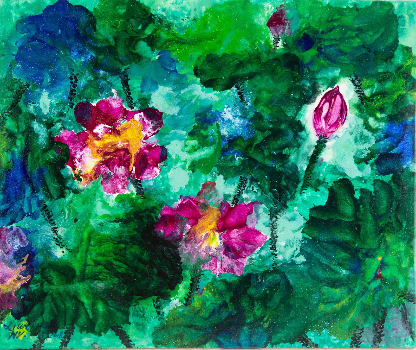Oil Painting by Artist Pan Xiuqi: Lotus Flowers: Title: Lotus Flowers ( ????? ) Medium: Oil Painting Size: 28 x 21 inches Frame: Framing options available! Condition: Year: 2018 Artist: Xiuqi Pan Signature: Signed Signature Location: Lower center Pr
