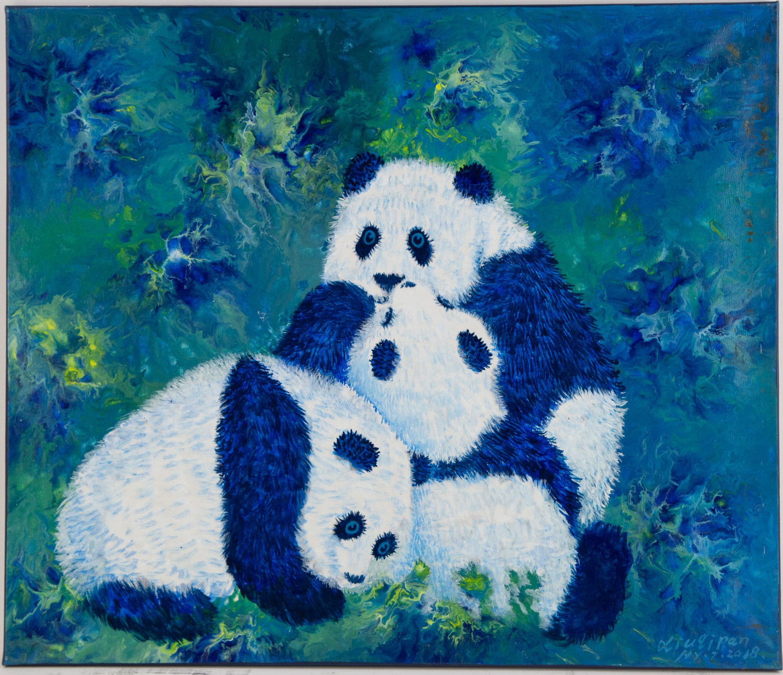 Arcylic Painting by Artist Pan Xiuqi:National Treasure The Giant Panda.: Title: National Treasure The Giant Panda. ( ????? ) Medium: Acrylic On Canvas Size: 28 x 24 inches Frame: Framing options available! Condition: Year: 2018 Artist: Xiuqi Pan Signature: Signed Signature