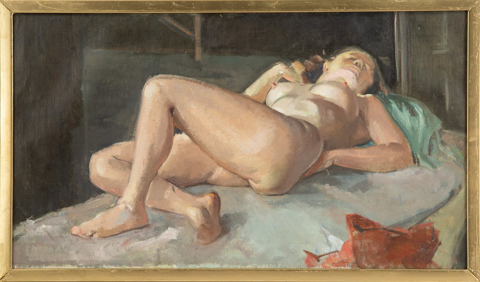 Fred Pendexter( Amer,1915-1970) Singed oil on canvas of a reclining nude.: Painting Size: 27.5 x 15.5 Fram Size: 29.5 x 17 Framing Options: We offer in house framing if you would like your artwork to be framed. Please contact us after the sale for a quote. We have experience
