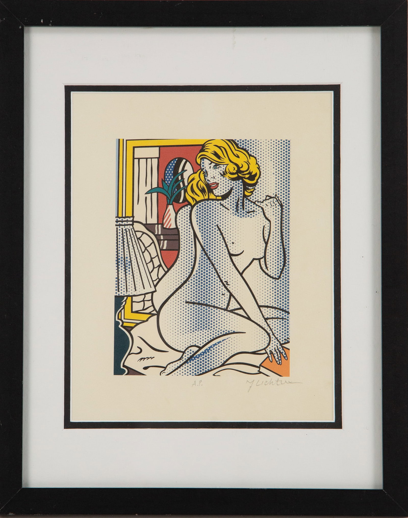 Roy Lichtenstein (Amer, 1923 - 1997) Pencil singned lithograph of a seated nude on fine art Arches: Title: Roy Lichtenstein (Amer, 1923 - 1997) Pencil singned lithograph of a seated nude on fine art Arches paper,numbered A.P. (fpr Artist's Proof,nicely matted and framed. Medium: Lithograph Fram Size