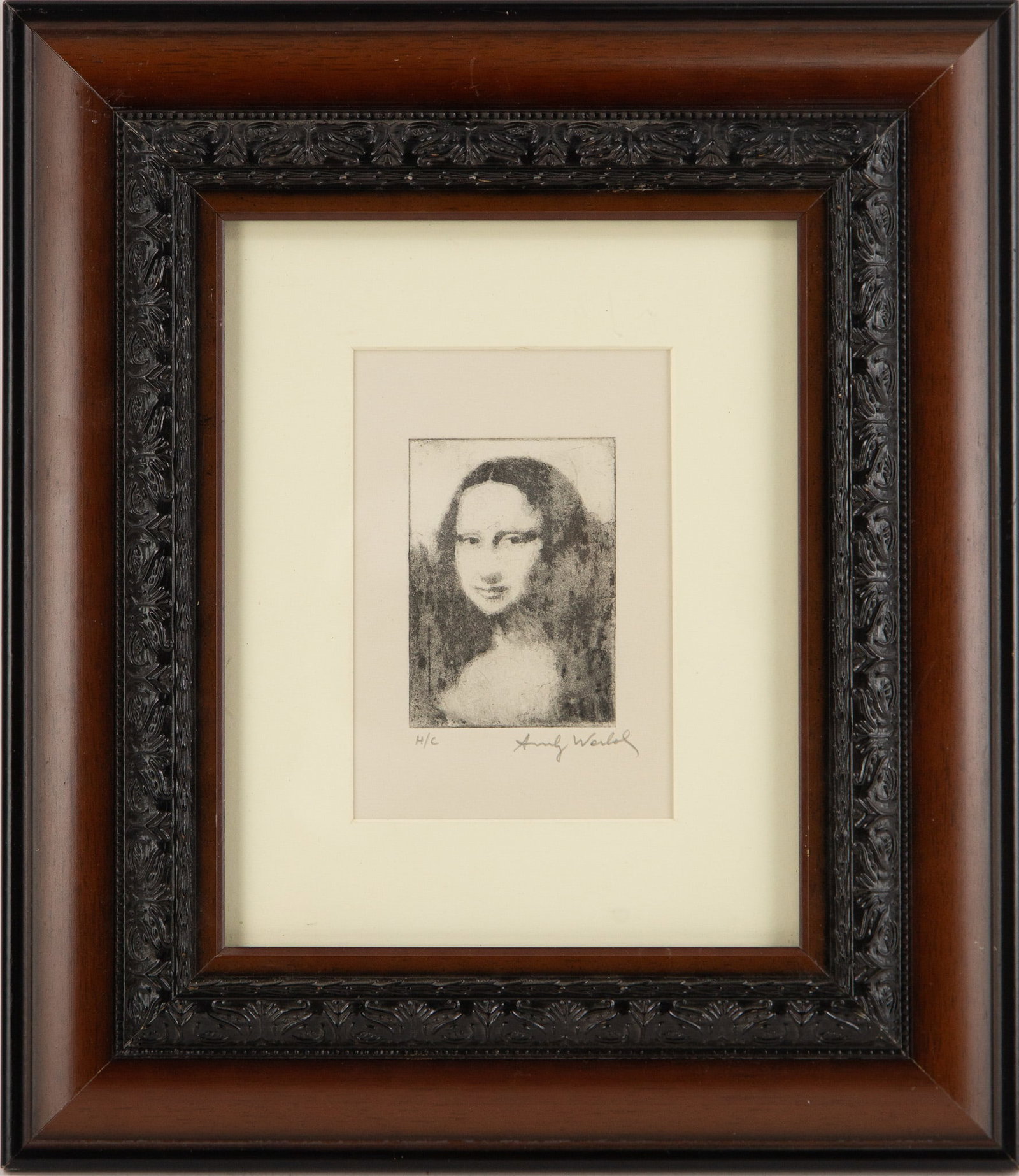 Andy Warhol (Amer,1923 - 1997) Pencil singned engraving of " Mona Lisa" on fine art Arches: Painting Size: 4 x 3 Fram Size: 16 x 13.5 Framing Options: We offer in house framing if you would like your artwork to be framed. Please contact us after the sale for a quote. We have experienced fram