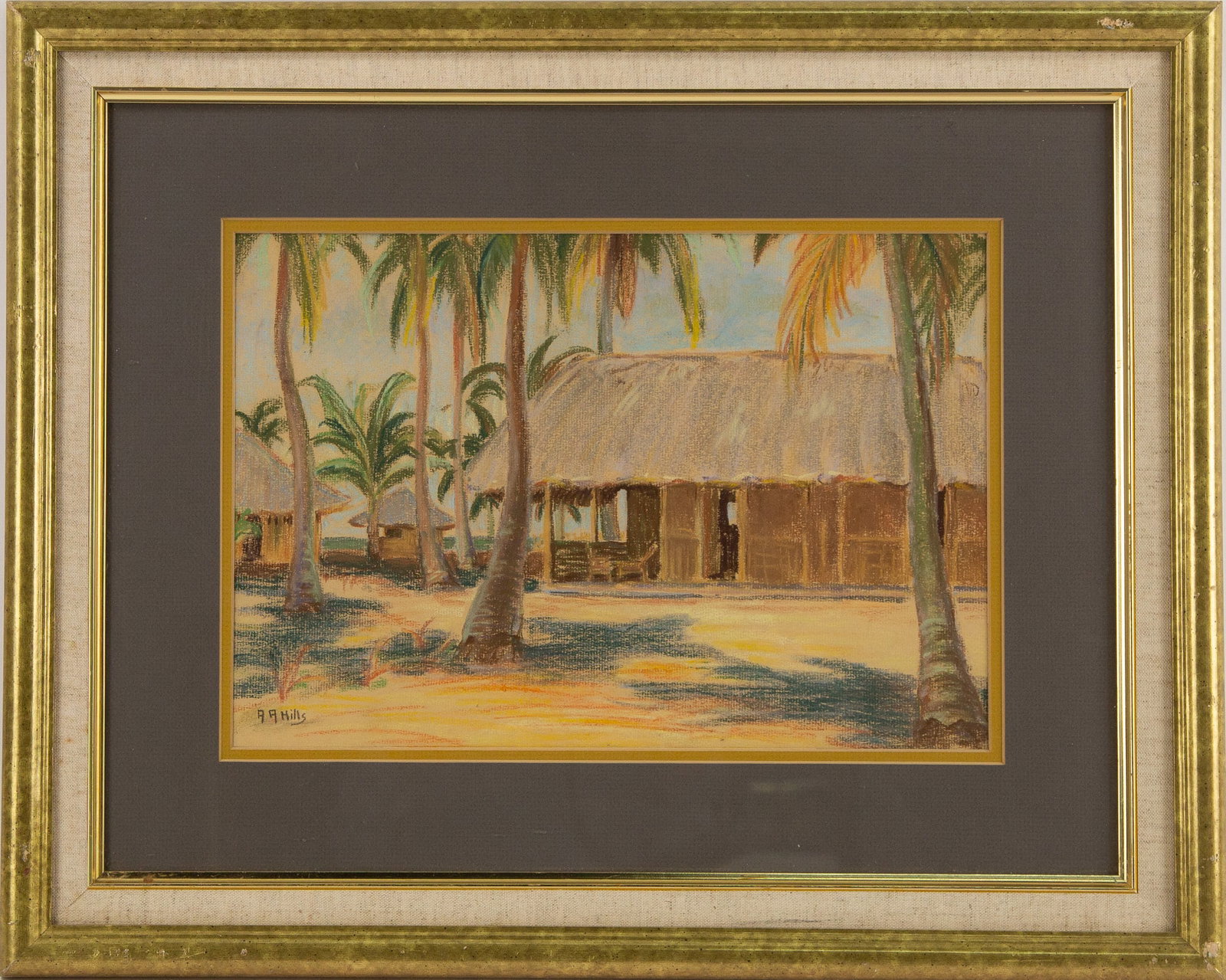 Ann Althea Hills (Amer,1882-1930) Signed oil pastel on paper of bungalows with palm: Painting Size: 15 x 10 Fram Size: 24 x 19.5 Framing Options: We offer in house framing if you would like your artwork to be framed. Please contact us after the sale for a quote. We have experienced fr