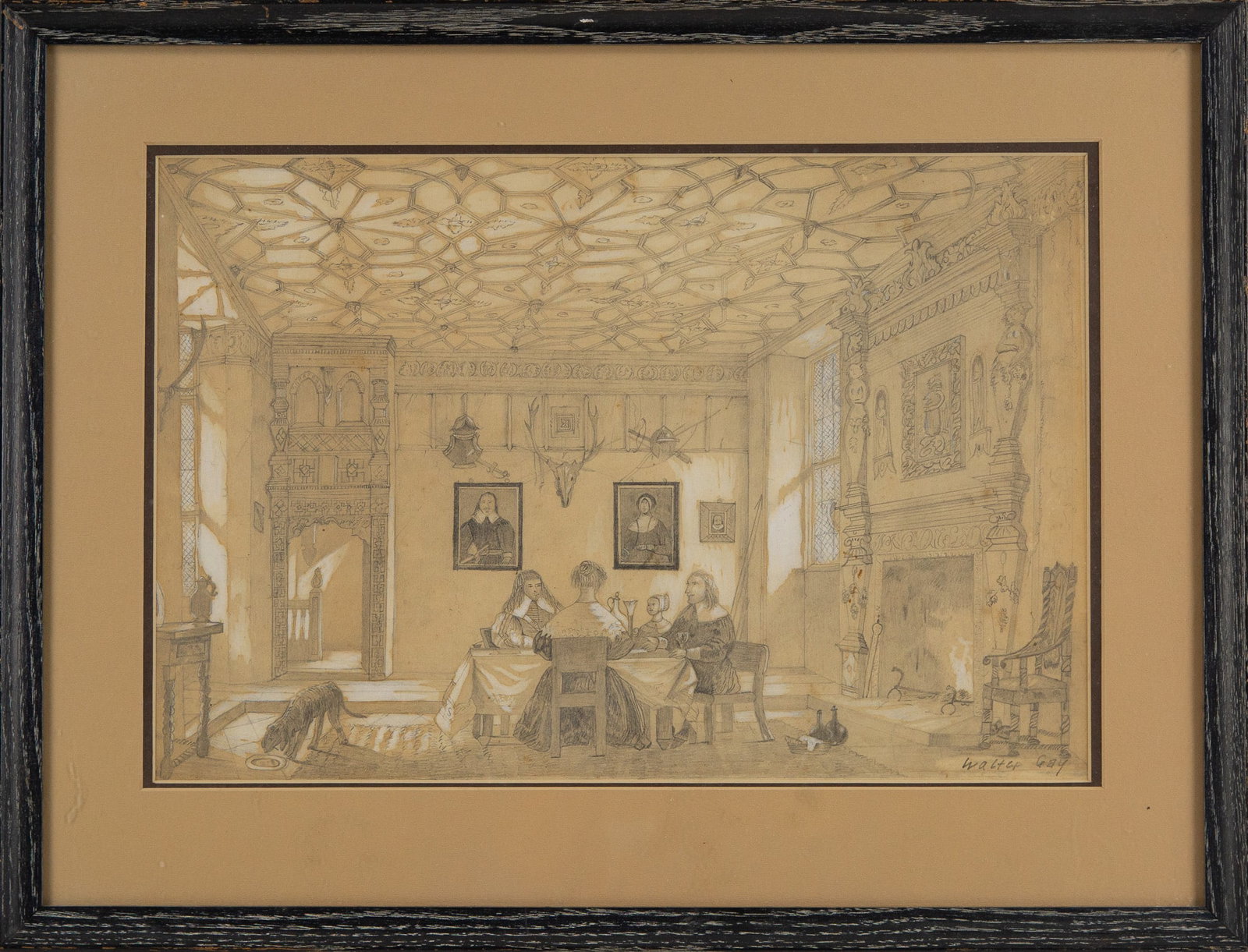 Lnterior Scene Graphite or Charcoal on Paper: Title: Medium: Charcoal on Paper Painting Size: 11" x 16" Frame Size: 16" x 21" Condition: Signature: Sigmature Artist: Walter gay Bidders need to know All the items are sold as is and all sales are