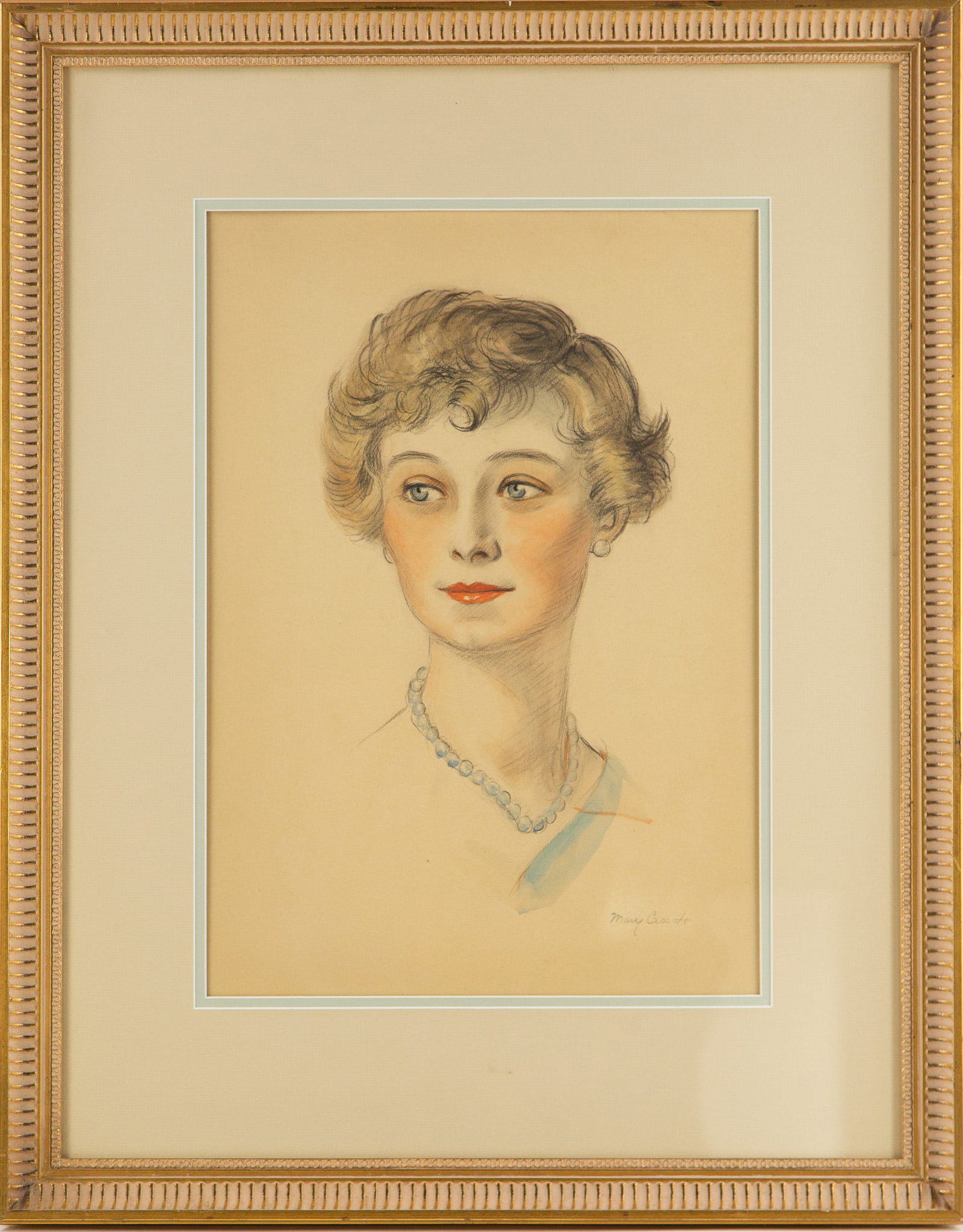 A portrait combining pencil and watercolor.: Title: Medium: Painting Size: 19" x 13" Frame Size: 29" x 23" Condition: Signature: Sigmature Artist: Mary Cassatt Bidders need to know All the items are sold as is and all sales are final. All