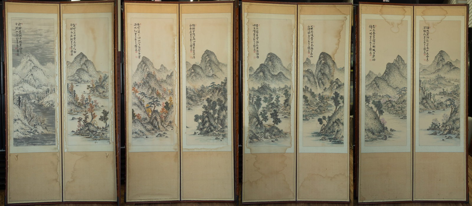 Eight - panel Chinese landscape screen: Size: H x L 64 x W 136 inches Condition: Good overall condition for its age. Shipping: shipping rates are determined by the distance from the auction site. C0013 Bidders need to know All the items