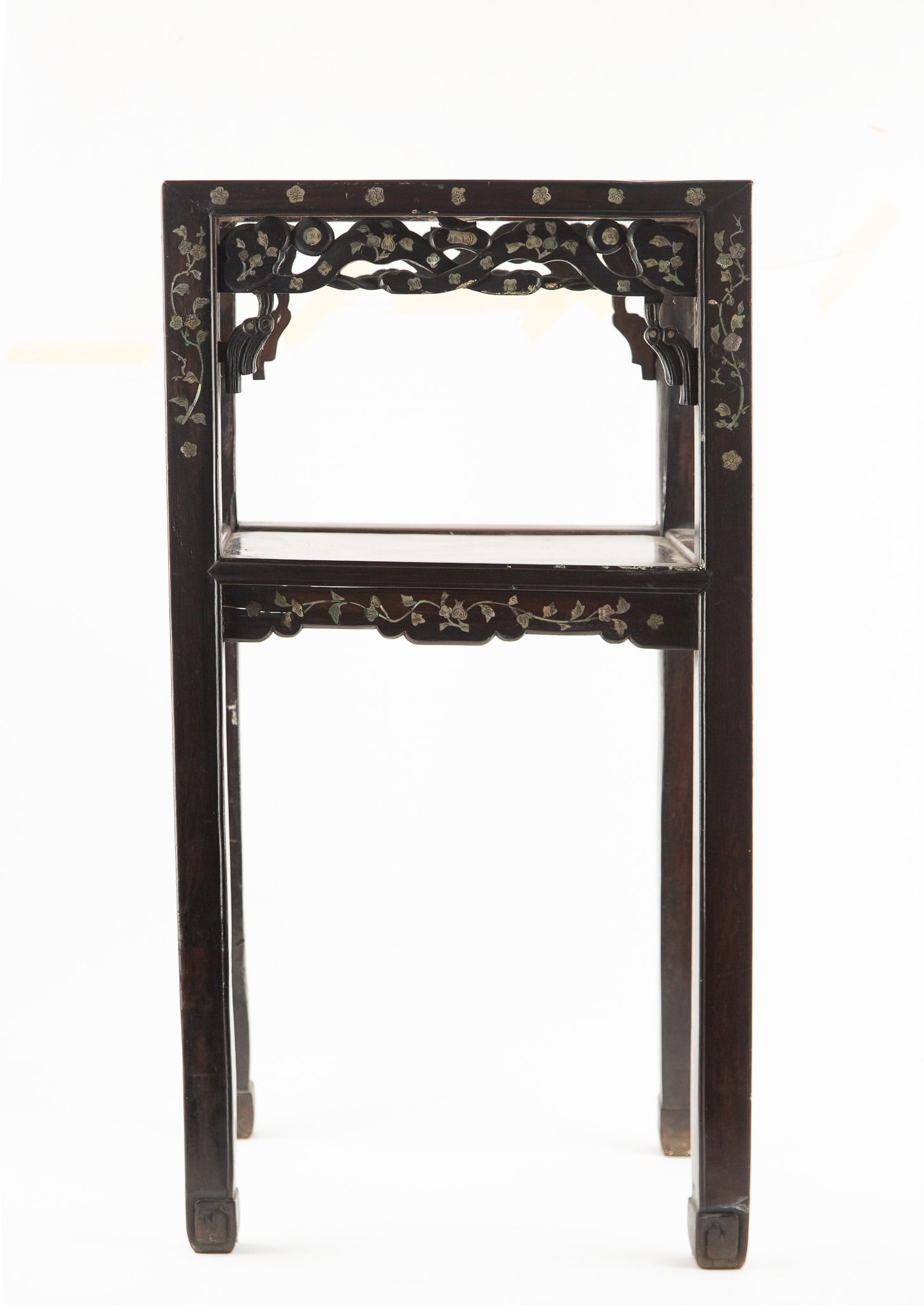 Chinese black lacquer Mother-of-Pearl inlaid Plant Stand.: Size: H x L 31 x 16 x 12 x W 31 x 16 x 12 inches Condition: Good overall condition for its age. Shipping: shipping rates are determined by the distance from the auction site. C0017 Bidders need to