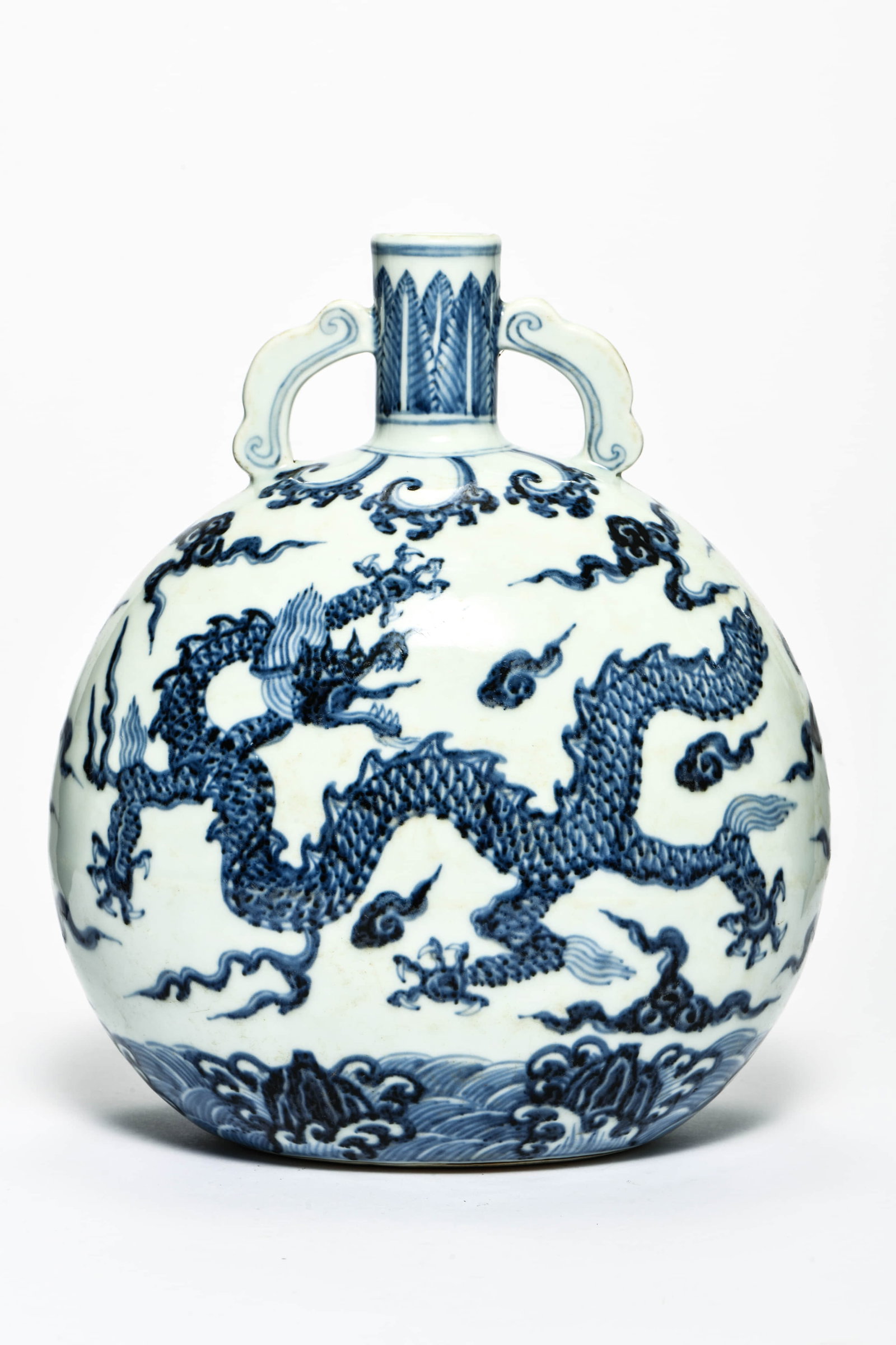 A blue and white 'dragons in waves' moonflask - 2