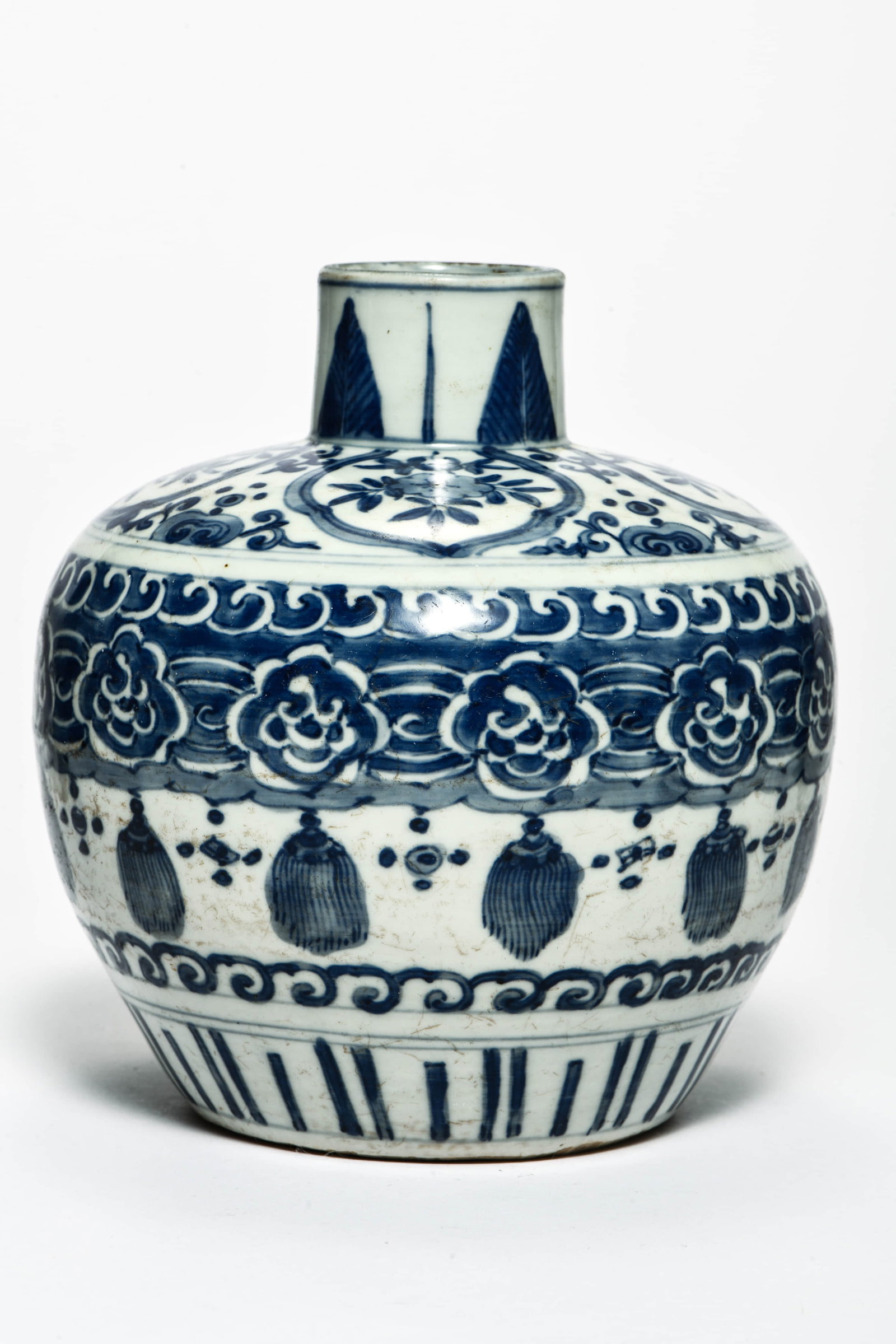 A blue and white 'Buddhist necklace' vase: A BLUE AND WHITE 'BUDDHIST NECKLACE' VASE Description: Length::16cm Width::16cm Height::18cm Bidders need to know All the items are sold as is and all sales are final. All bidders are encouraged to re