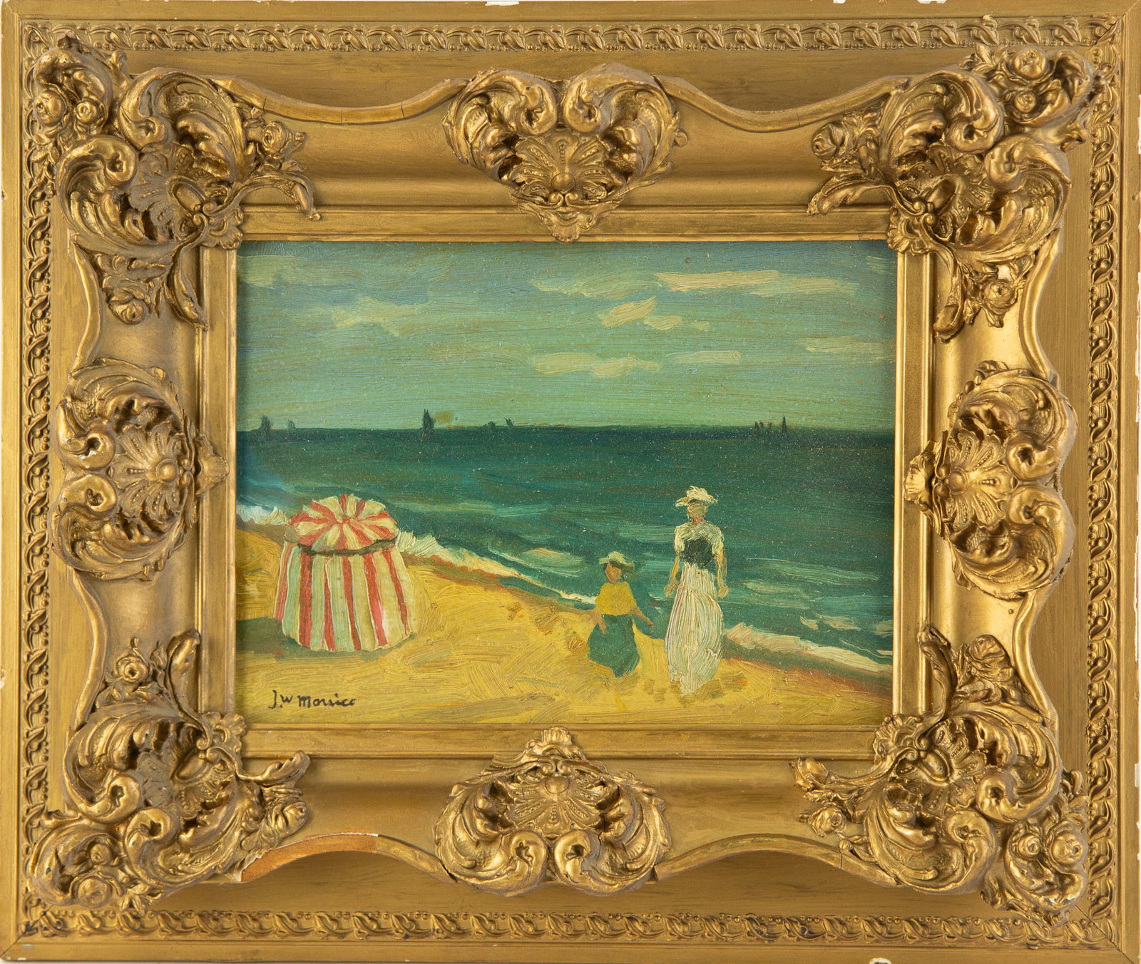 Umbrellas on the Besch,Brittany.: Title: Medium: Oil On Canvas Painting Size: 11.5" x 8.5" Frame Size: 19" x 16.5" Condition: Signature: J.w.morrlce Artist: James Wilson Morrice Bidders need to know All the items are sold as is and al