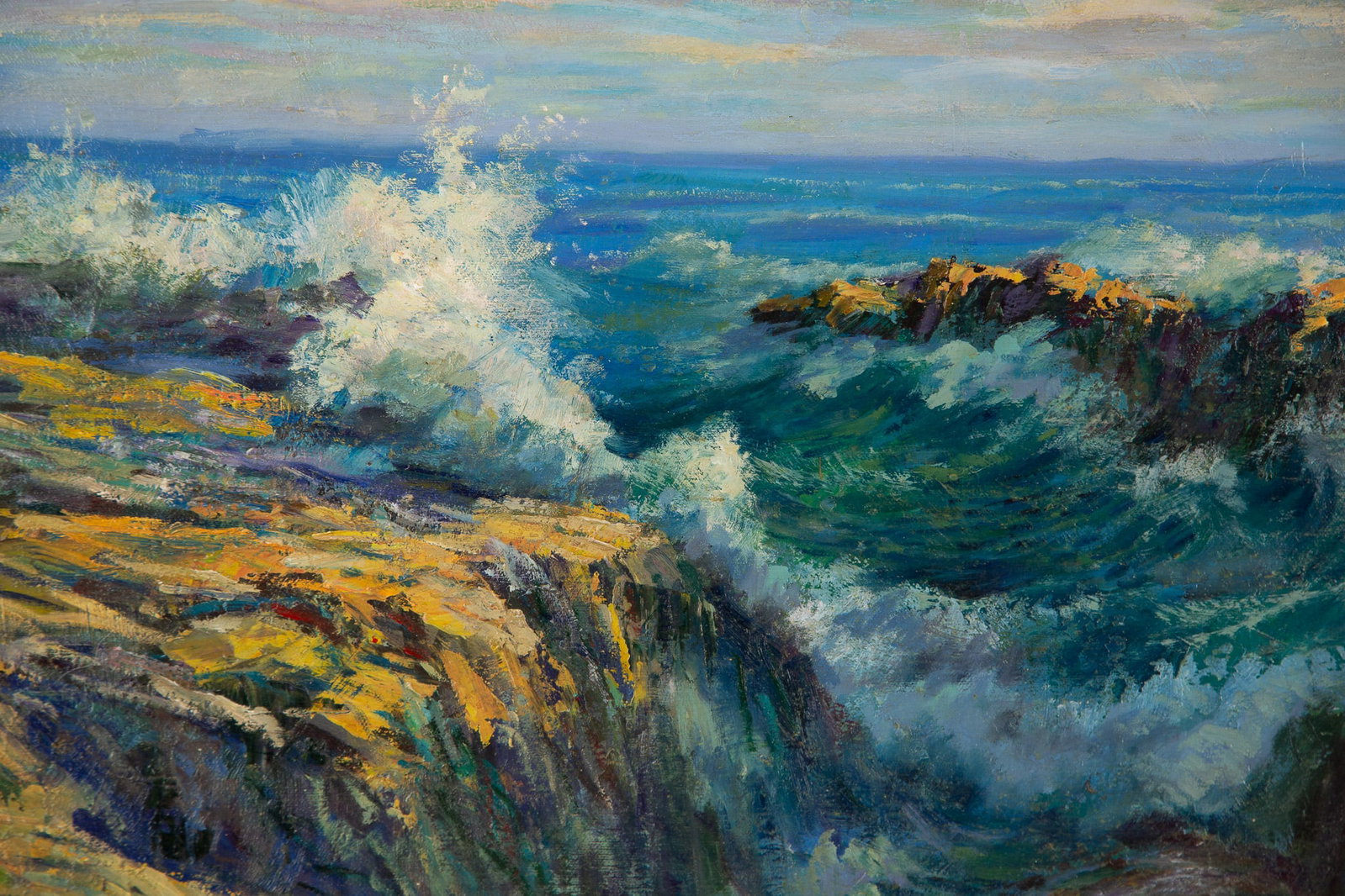 Frederick Childe Hassam (American, 1859-1935)Waves crashing against the reefs - 2