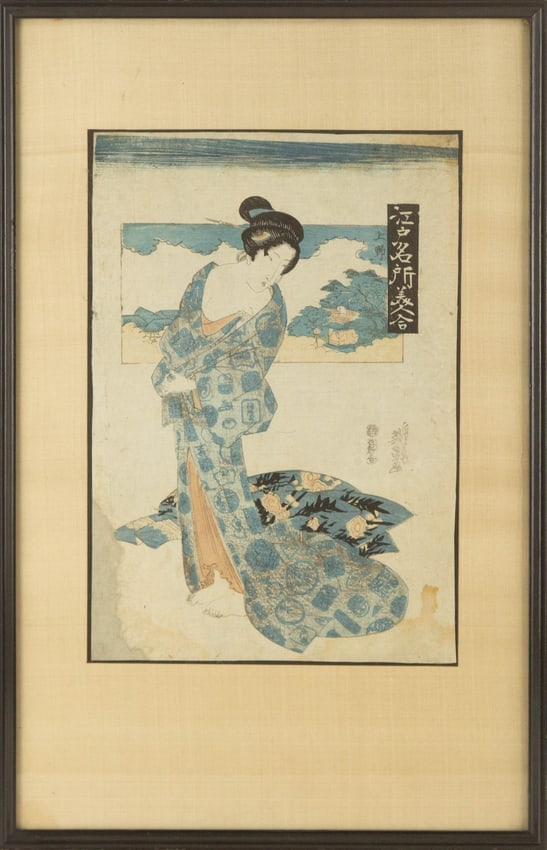 Keisai Eisen ( Japanese, 1790?1848 ) Ukiyo e Woodblock Print: Medium: Woodblock Print Style: Ukiyo e Painting Size: 14.25 x 9.75 inches Frame Size: 22.75 x 14.75 inches Condition: This artwork is in great condition for its age. Signature: Artist Seal Artist: Kei