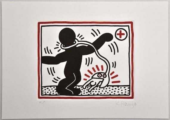 Keith Haring ( American, 1958 - 1990 ) Graffiti-inspired Pop Art Etching on Arches paper A.P. Art: Medium: Etching on Arches paper A.P. Art print Style: Graffiti-inspired Pop Art Painting Size: 11.7 x 8.4 inches Frame Size: x inches Condition: This artwork is in great condition for its age. Please 