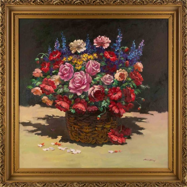 Abbott Fuller Graves ( American, 1859 - 1936 ) Large Still Life Oil On Canvas: Medium: Oil On Canvas Style: Still Life Painting Size: 30 x 30 inches Frame Size: 36 x 36 inches Condition: This artwork is in good overall condition for its age. Signature: Signed Artist: Abbott Full