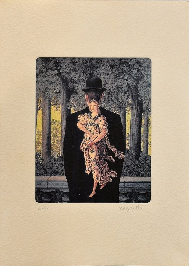 Ren? Franois Ghislain Magritte ( Belgian, 1898 - 1967 ) Surrealist Etching on Fine Art Arches: Medium: Etching on Fine Art Arches Paper Style: Surrealist Painting Size: 12 x 8 inches Frame Size: x inches Condition: This artwork is in great condition for its age. Please note the art work is sign