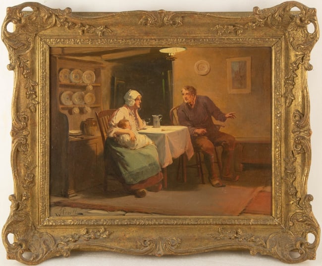 Alexander Rosell ( British, 1859-1922 ) Portrait Oil On Canvas: Medium: Oil On Canvas Style: Portrait Painting Size: 14 x 18 inches Frame Size: 21 x 24 inches Condition: Please note that the surface painting show sign of cracking, please refer to the close shot im