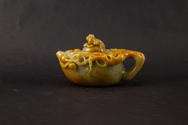 Chinese Carved Hardstone Teapot Form Vessel with Monkey and Gourd Motif: Title: Chinese Carved Hardstone Teapot Form Vessel with Monkey and Gourd Motif Medium: Carved Hardstone Size: 4." H x 7." W x 4." L Condition: Good vintage condition with wear consistent with age and 