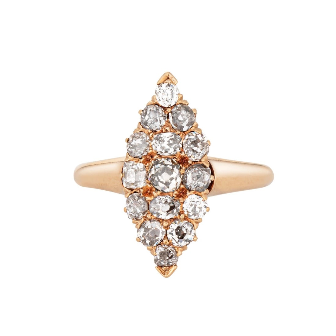 Antique Yellow-Gold Old-Cut Diamond Navette Cluster Ring: ANTIQUE YELLOW-GOLD OLD-CUT DIAMOND NAVETTE CLUSTER RING Provenance and Authenticity: This object is presented as an antique yellow-gold navette-form ring featuring an elongated cluster of graduated c