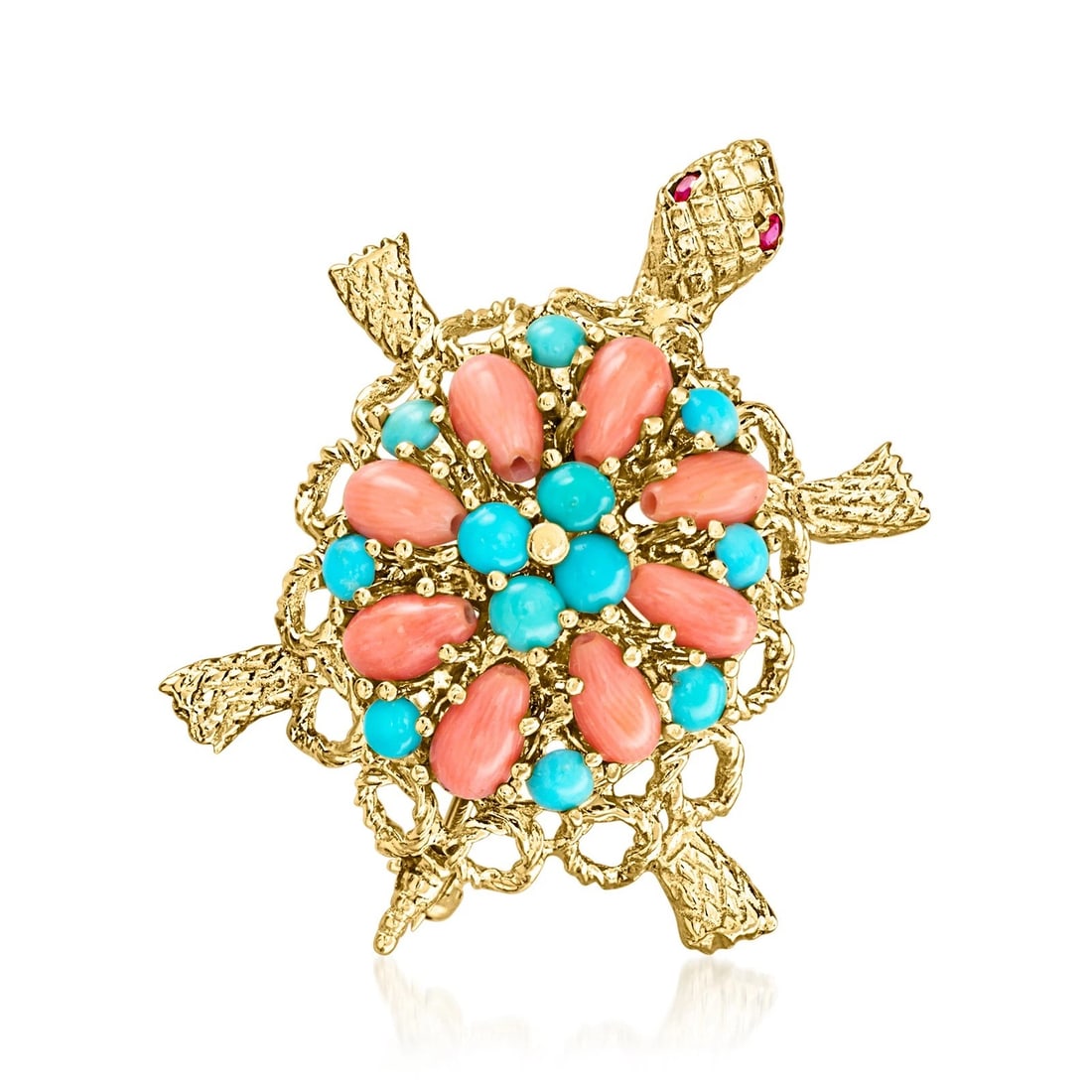 Vintage Gold-Tone Coral and Turquoise Turtle Brooch Pendant: VINTAGE GOLD-TONE CORAL AND TURQUOISE TURTLE BROOCH PENDANT Provenance and Authenticity: This object is presented as a vintage gold-tone brooch or pendant designed in the form of a turtle and decorate