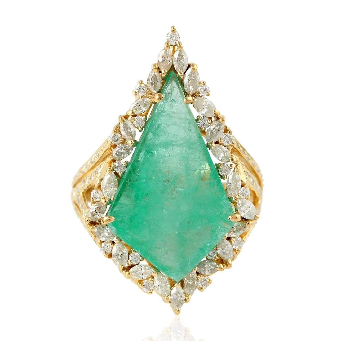 Vintage Yellow-Gold Emerald and Diamond-Style Cocktail Ring: VINTAGE YELLOW-GOLD EMERALD AND DIAMOND-STYLE COCKTAIL RING Provenance and Authenticity: This object is presented as a vintage yellow-gold cocktail ring centered by a substantial shield- or kite-shape