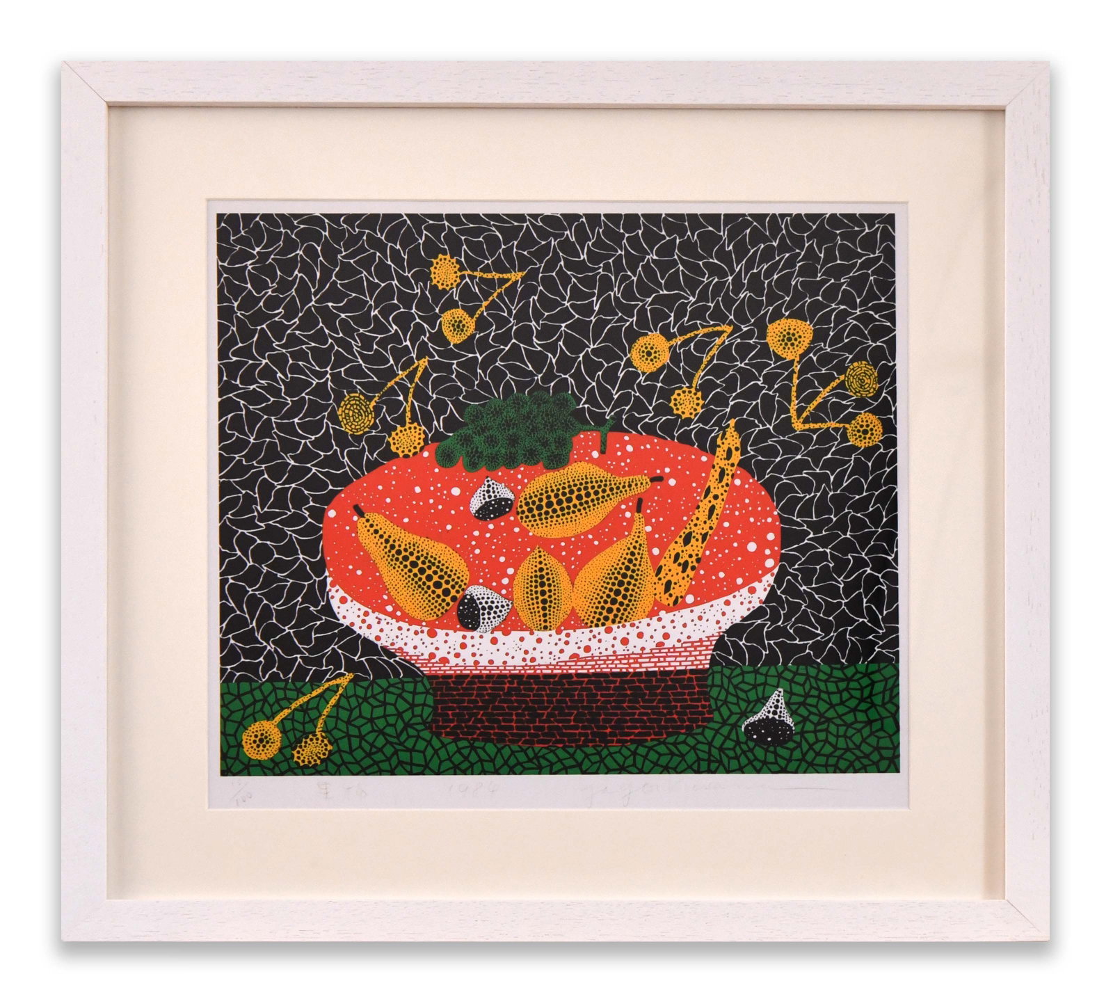 Yayoi Kusama (b. 1929), Attributed to, Still Life with Fruit, Color Print on Paper: YAYOI KUSAMA (B. 1929), ATTRIBUTED TO, STILL LIFE WITH FRUIT, COLOR PRINT ON PAPER Dimensions: 50 x 46 cm Provenance and Authenticity: Faint inscriptions extend across the lower margin, including an a