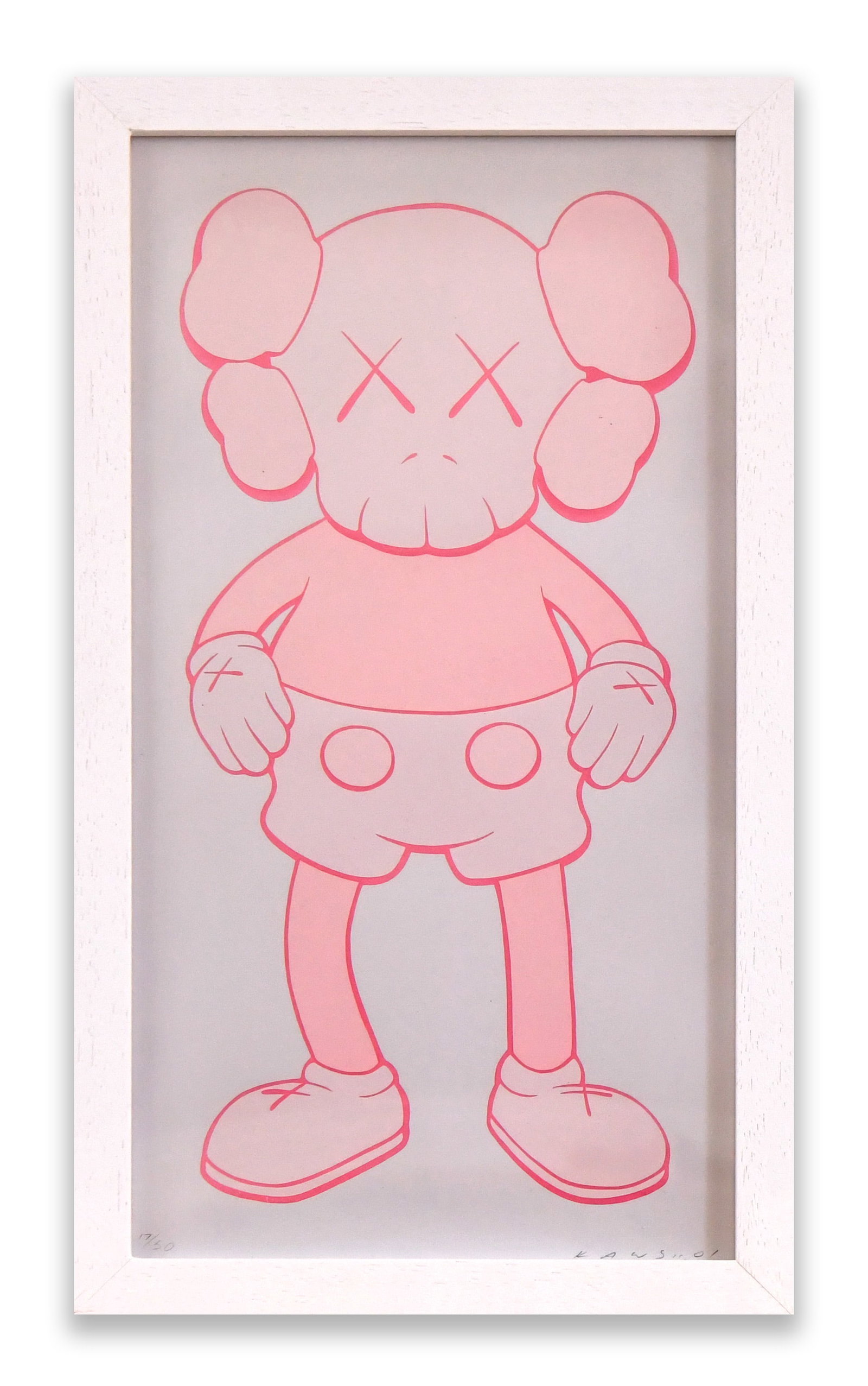 KAWS (b. 1974), Attributed to, Pink Monochrome Print on Paper: KAWS (B. 1974), ATTRIBUTED TO, PINK MONOCHROME PRINT ON PAPER Dimensions: 50 x 28 cm Provenance and Authenticity: The lower margin bears an apparent edition notation of 17/50 at the left and the inscr