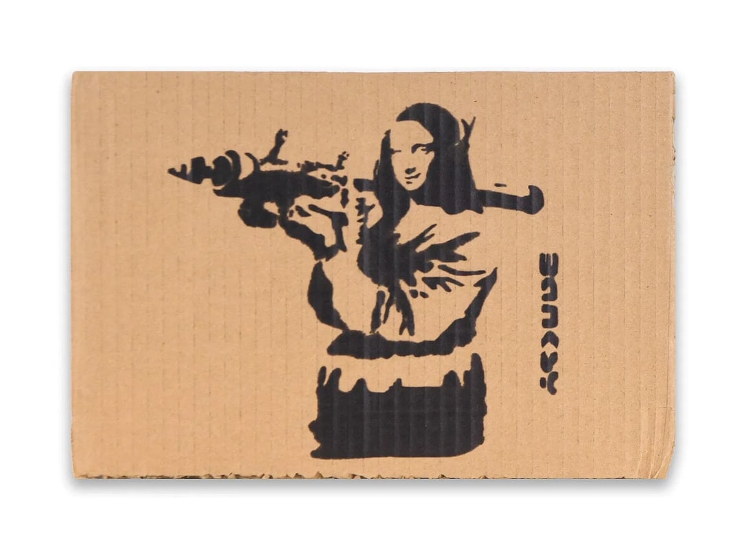 Banksy, Mona Lisa with Rocket Launcher Stencil Spray Artwork on Cardboard: BANKSY, MONA LISA WITH ROCKET LAUNCHER STENCIL SPRAY ARTWORK ON CARDBOARD Provenance and Authenticity: This spray-painted stencil artwork is attributed to the anonymous British street artist Banksy an