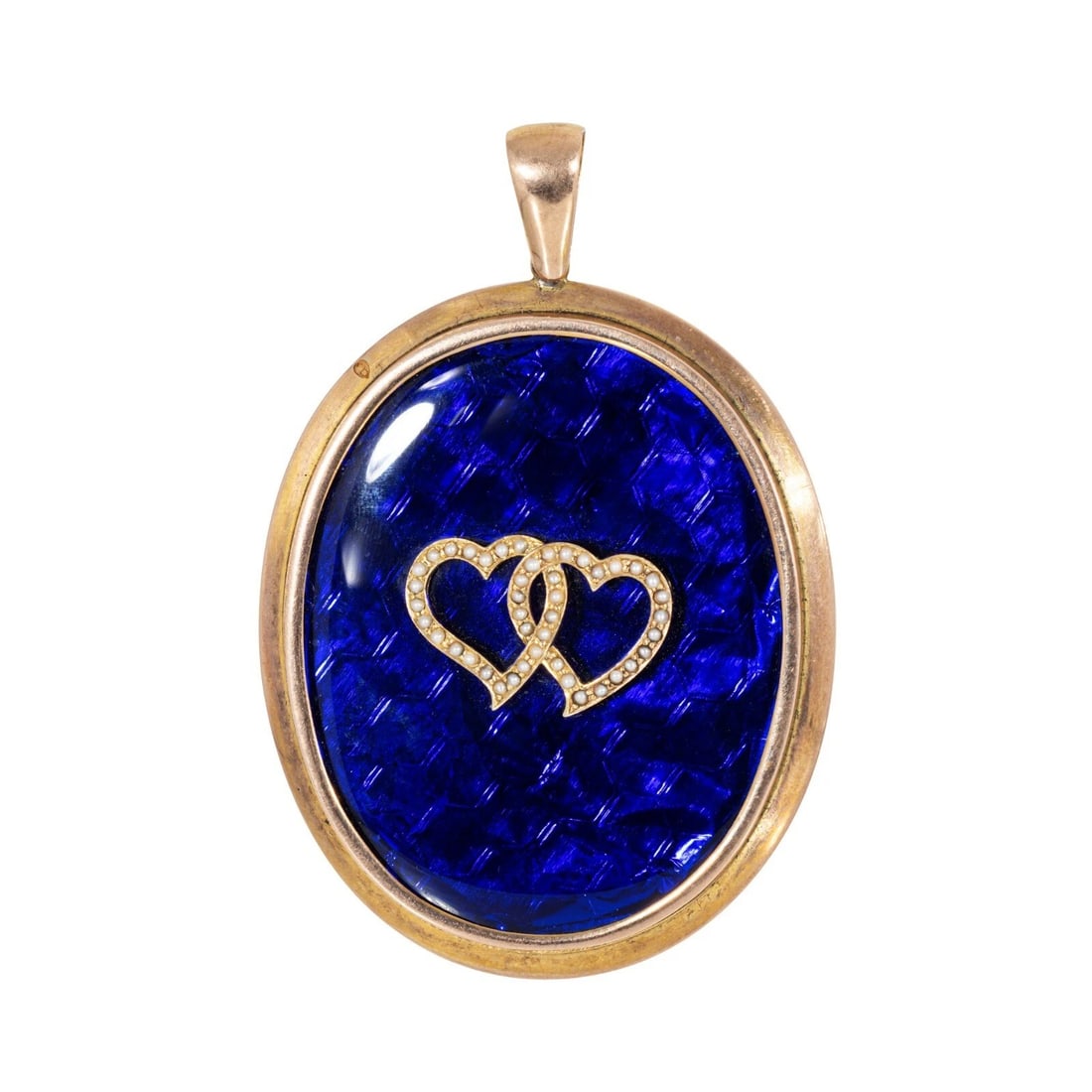 Vintage Gold-Tone Blue Enamel and Seed-Pearl Double-Heart Pendant: VINTAGE GOLD-TONE BLUE ENAMEL AND SEED-PEARL DOUBLE-HEART PENDANT Provenance and Authenticity: This object is presented as a vintage oval pendant featuring a richly colored cobalt-blue enamel or glass