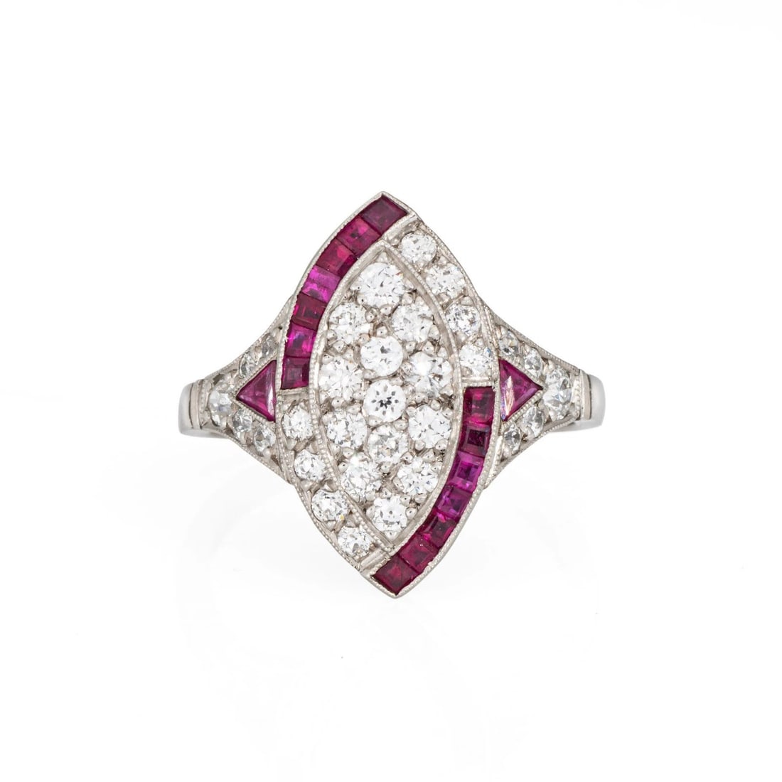Art Deco-Style Ruby and Diamond White-Metal Ring: ART DECO-STYLE RUBY AND DIAMOND WHITE-METAL RING Provenance and Authenticity: This object is presented as an Art Deco-style white-metal ring featuring a geometric arrangement of red and colorless face