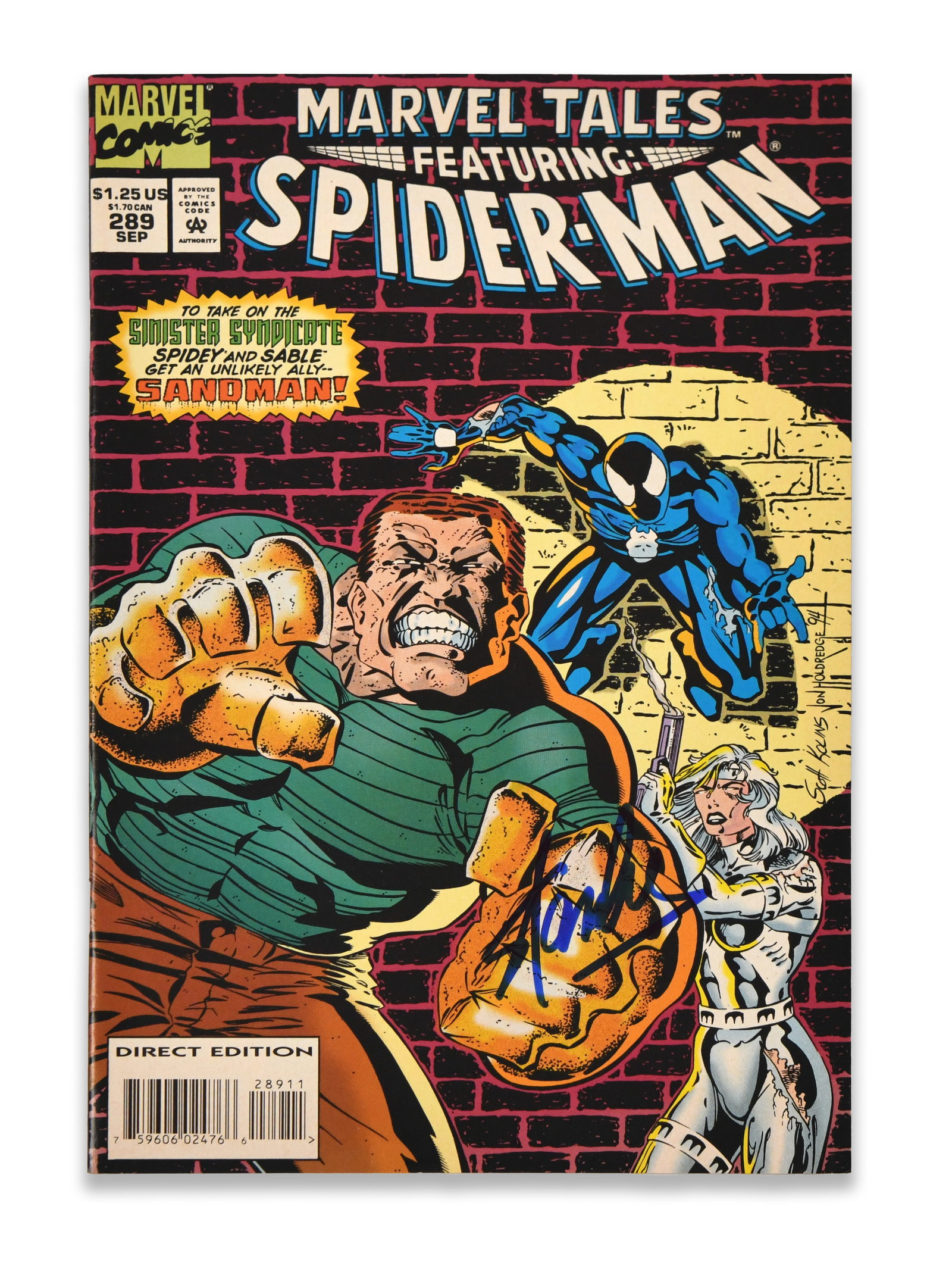 MARVEL TALES FEATURING SPIDER-MAN #289 - SIGNED COMIC BOOK (SANDMAN COVER): MARVEL TALES FEATURING SPIDER-MAN #289 - SIGNED COMIC BOOK (SANDMAN COVER) Provenance and Authenticity: The front cover presents a black marker signature positioned across the lower central to right p