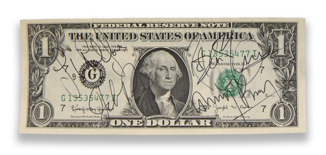 Led Zeppelin, Four-Member Signed United States One Dollar Note (1 of 2)