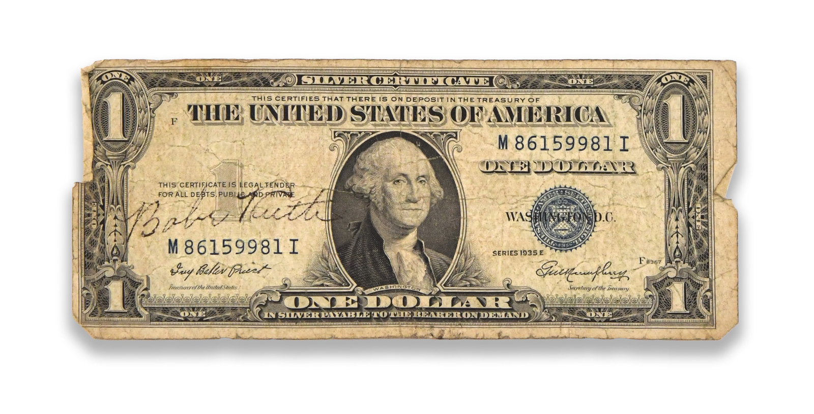 BABE RUTH - Signed 1935E One Dollar Silver Certificate: BABE RUTH - SIGNED 1935E ONE DOLLAR SILVER CERTIFICATE Provenance and Authenticity: The obverse bears a black ink signature attributed to Babe Ruth, positioned across the left-central field of the not