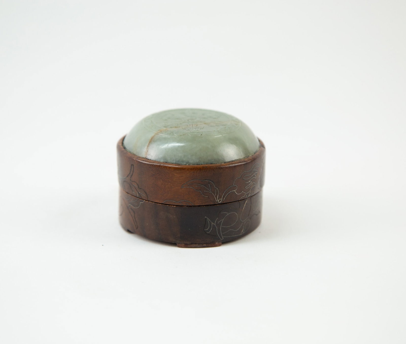 Republic Period Wood Carved and Jade-Inlaid Powder Box: Item Size: 2 x 3 inches Condition: This item is in great condition for its age.