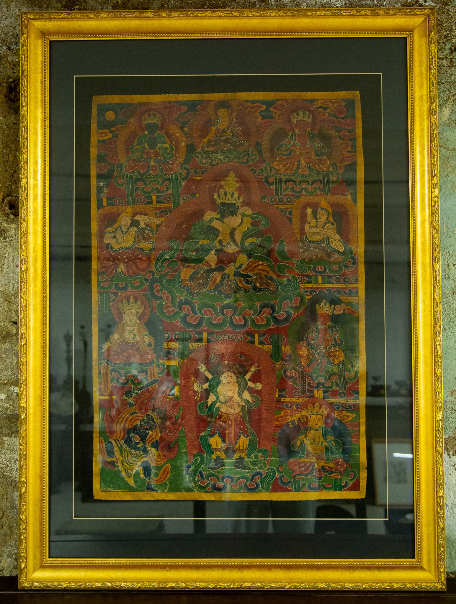 Early Qing Dynasty, Thangka of a Two-Bodied Yidam: Item Size: with frame: 29 x 40 inches; without frame: 22 x 30 inches Condition: This item is in great condition for its age. Executed on an aged cotton ground with traditional mineral pigments in ochr
