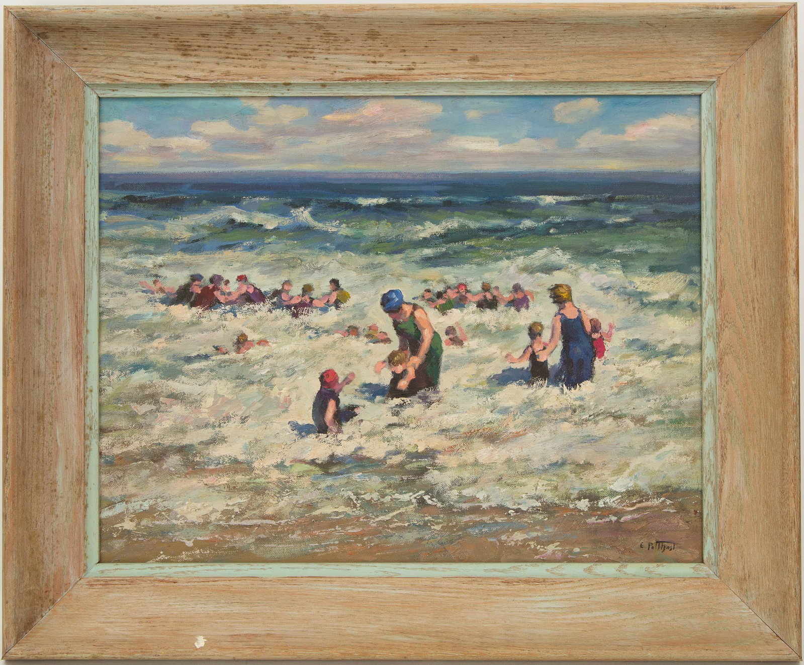 Impressionist Oil Painting - Beach Bathers & Ocean Surf by Edward Henry Potthast (1857-1927): Title: Impressionist Oil Painting - Beach Bathers & Ocean Surf by Edward Henry Potthast (1857-1927) Medium: Oil On Canvas Painting Size: 17.5" x 13.5" Frame Size: 22.5" x 8.5" Condition: This artwork 